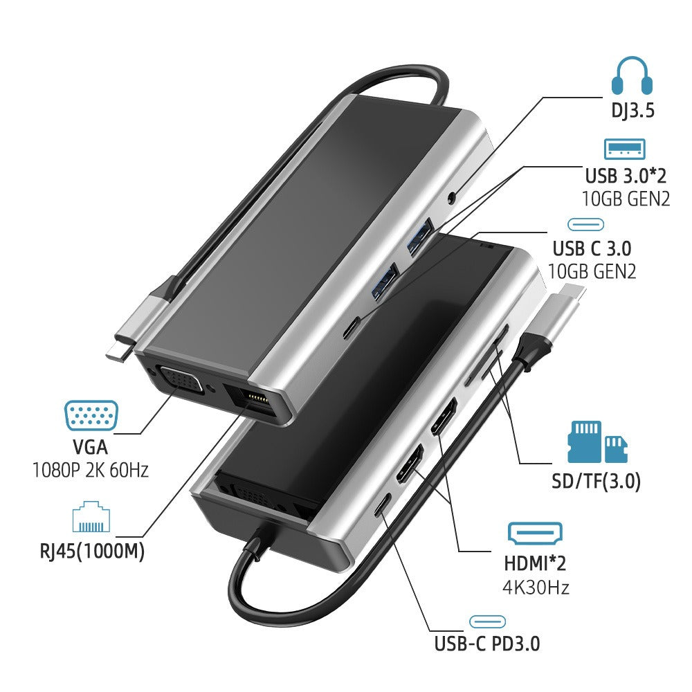 Gridlio 11-in-1 USB-C Docking Station — Dual HDMI, 10Gbps, 100W PD, Ethernet