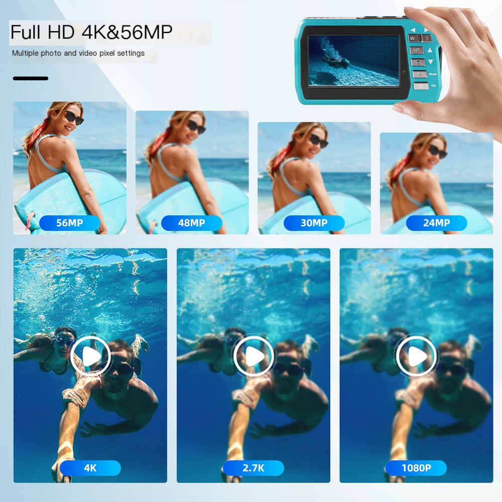 Gridlio 4K Underwater Camera — 56MP, Waterproof to 10M, Dual Screens & 3Hr Battery