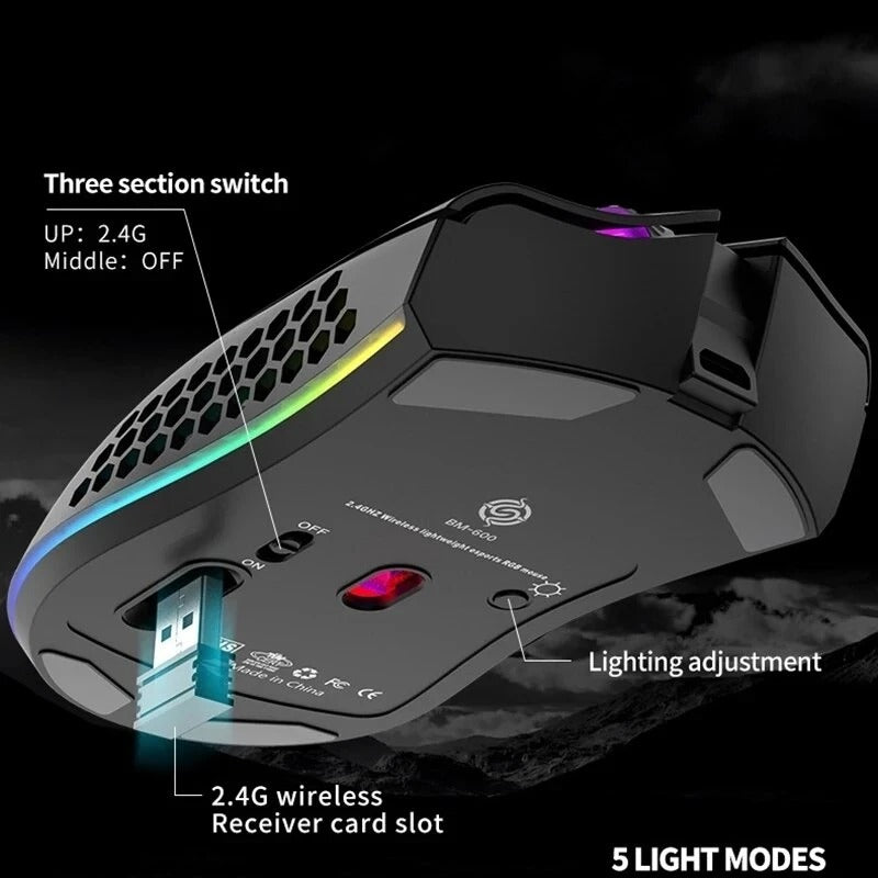 Gridlio BM600 Wireless RGB Gaming Mouse — Honeycomb Design, Rechargeable, 2.4G