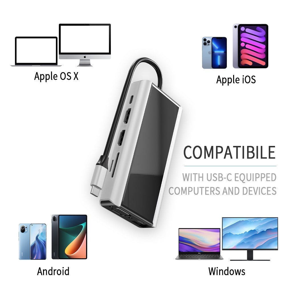 Gridlio 11-in-1 USB-C Docking Station — Dual HDMI, 10Gbps, 100W PD, Ethernet