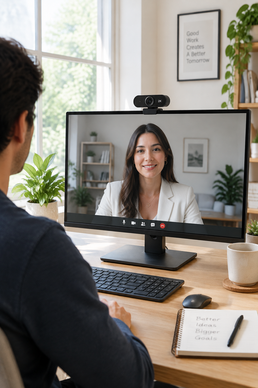 2K webcam in a clean modern home office setup, lifestyle photography